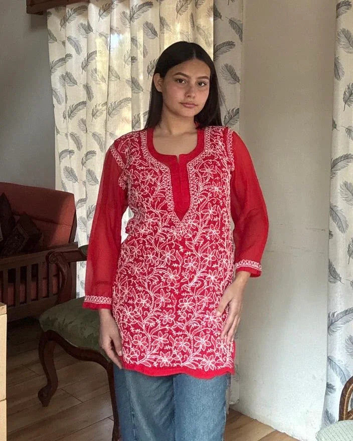 Lumi-e-Red Georgette Chikankari Short Kurti