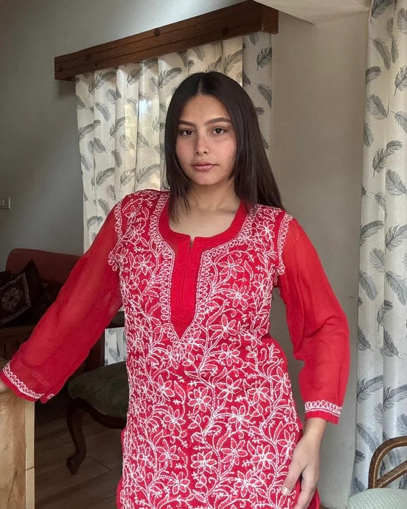 Lumi-e-Red Georgette Chikankari Short Kurti