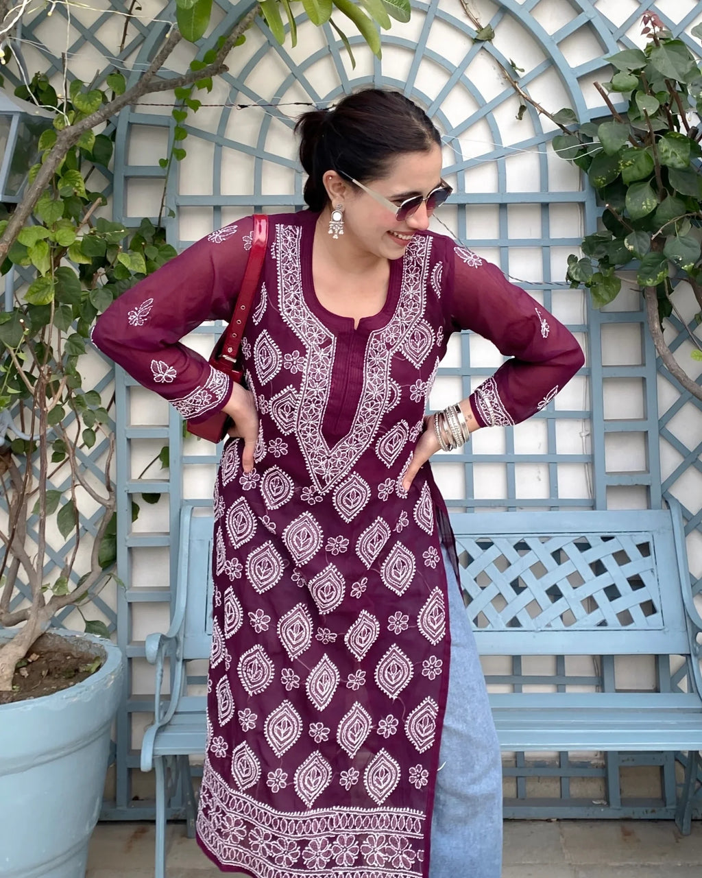 Mehr-e-Wine Georgette Chikankari Long Kurti