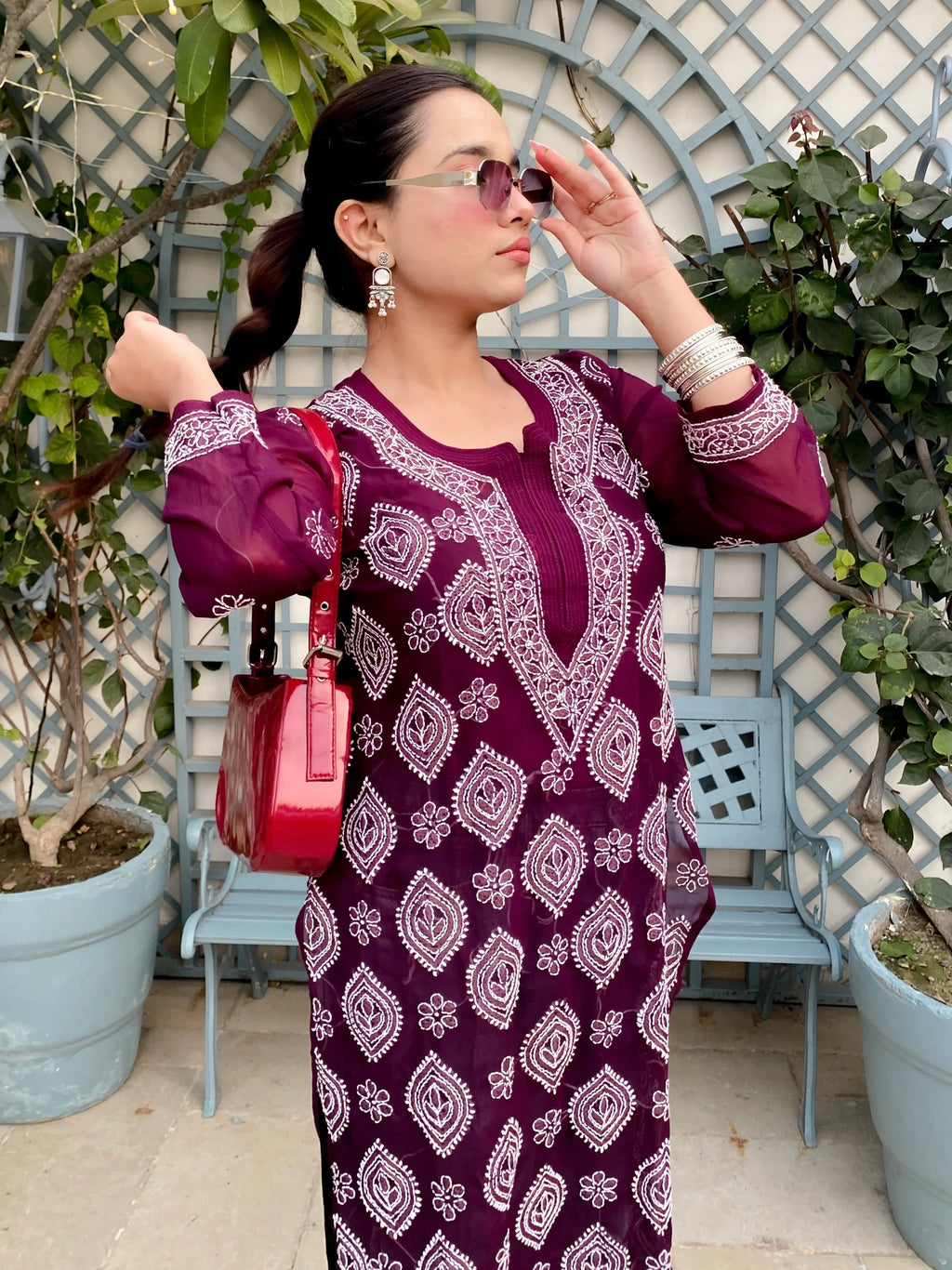 Mehr-e-Wine Georgette Chikankari Long Kurti