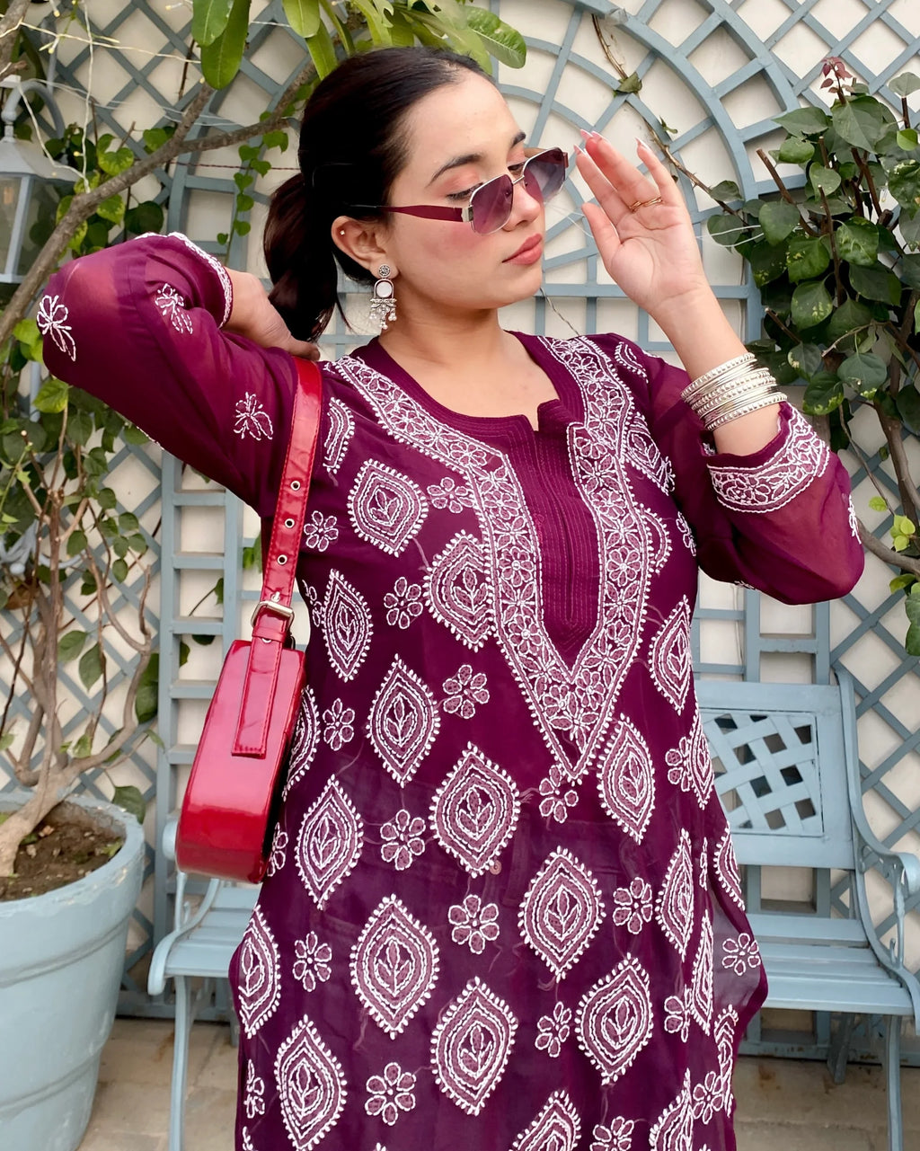 Mehr-e-Wine Georgette Chikankari Long Kurti