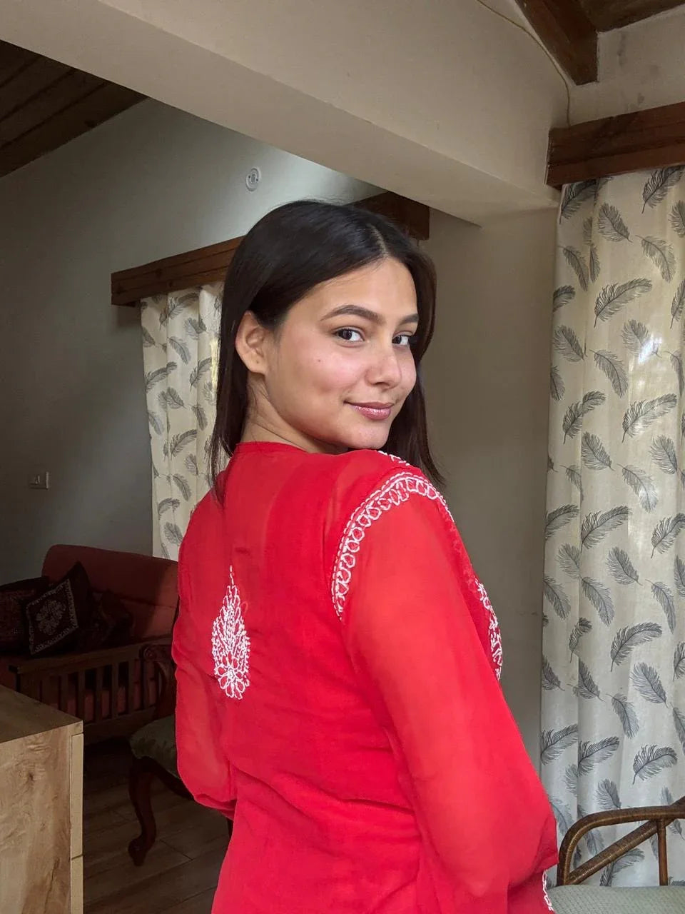 Lumi-e-Red Georgette Chikankari Short Kurti