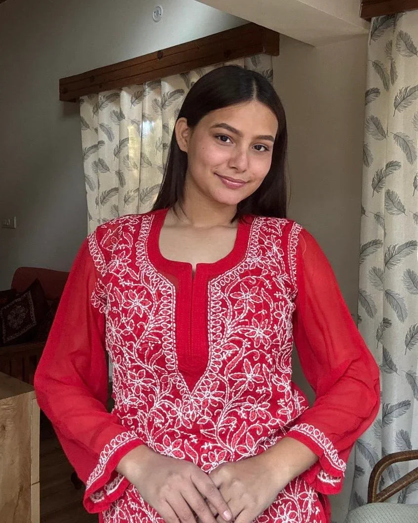 Lumi-e-Red Georgette Chikankari Short Kurti